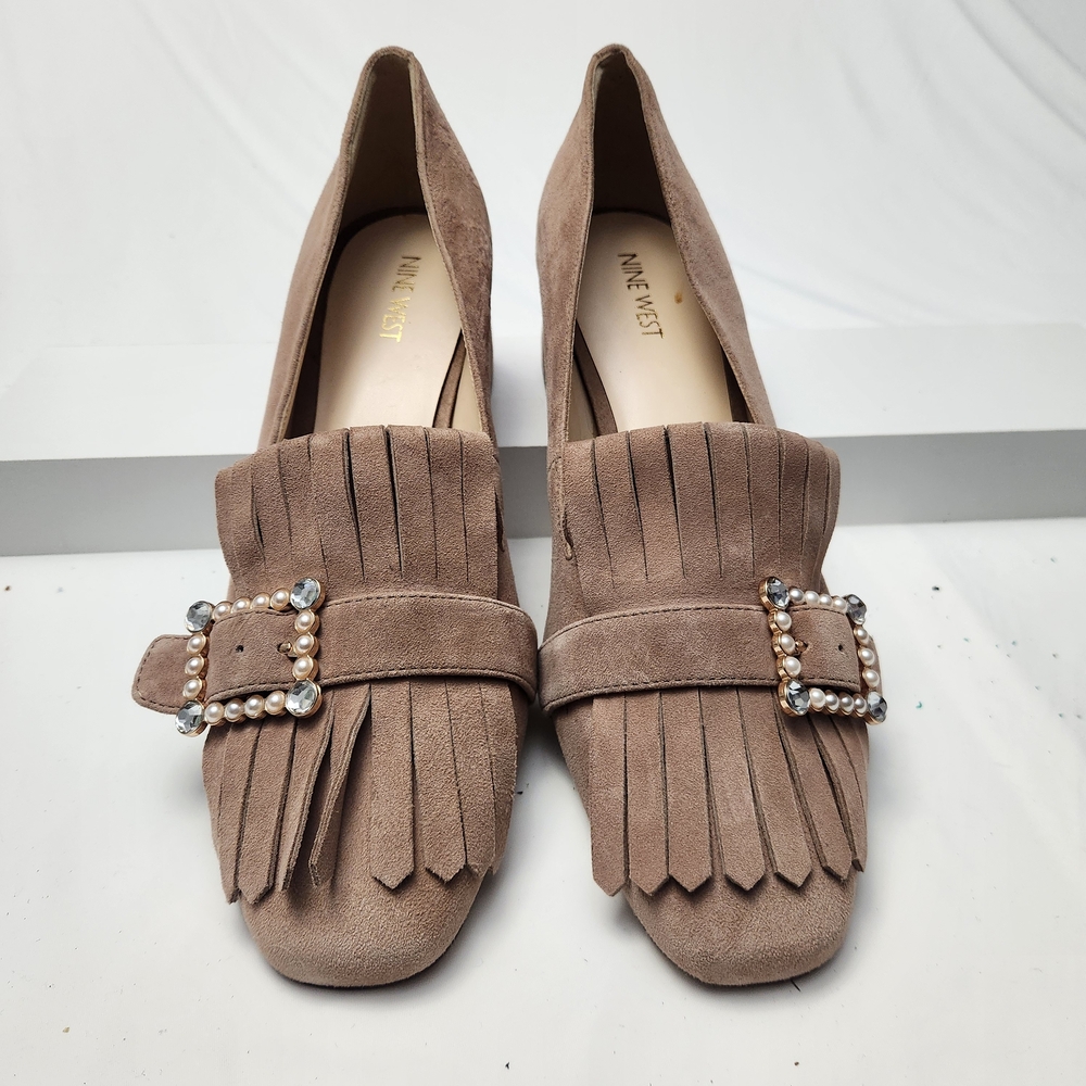 Nine‎ West Wisemove Kiltie Fringe Suede Block Heel Loafer Size 11 Taupe Preppy